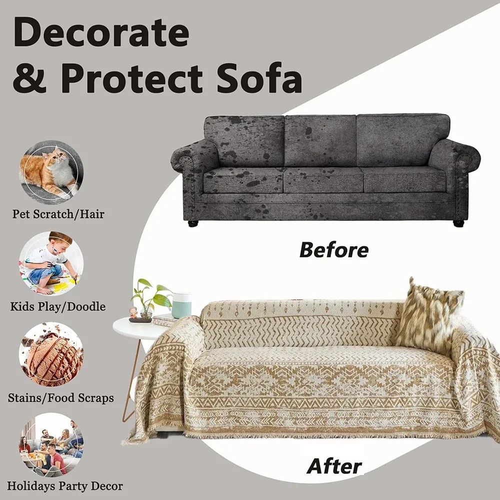 Chenille Sofa Throw Blanket Woven Boho Pattern with Tassels Thickened Anti-Slip Couch Cover for Living Room Bedroom Home Decor