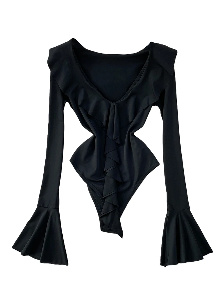 Black Slim Fit Bell Sleeve V Neck Lace Trim Base Shirt Women's Summer  High Waist Short Pants Online Exclusive
