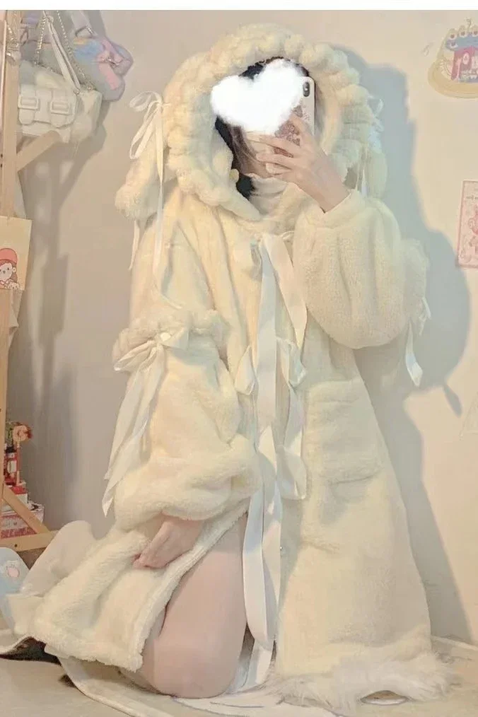 Lolita Style Winter Plush Coat  Warm JSK Shawl Cute Rojita Style Woolen Coat Female Long Sleeve Sweet Long Outerwear