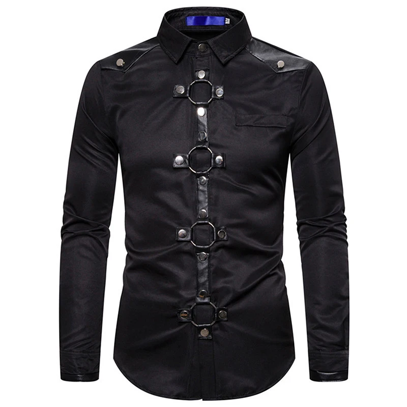 Camisa de estilo gótico para hombre, ajuste regular, anillo, remache, cuello de solapa, camisetas de manga larga para fiesta, club, escenario