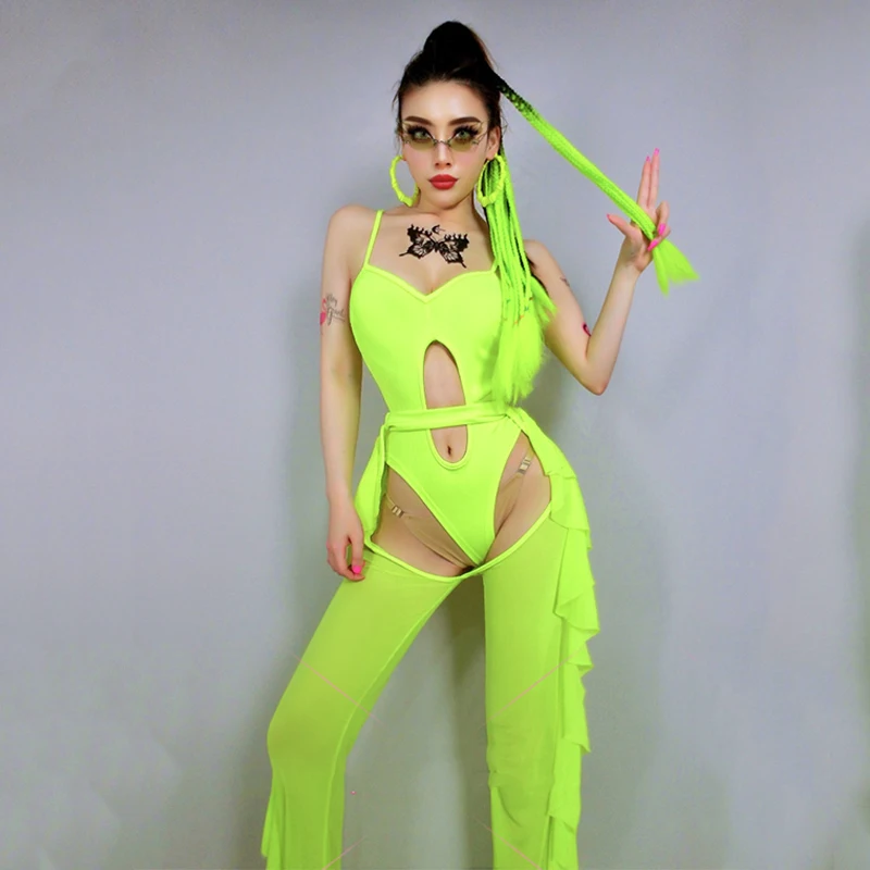 Frauen DJ Kostüm Nachtclub weibliche Gogo Lead Dance Outfit Neon Farbe Bodysuit Kopf bedeckung Bühnenshow tragen Rave Festival Outfit 4091