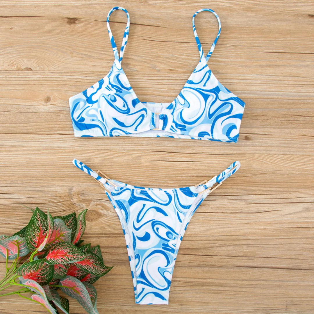Sexy, gerippter, hoch geschnittener Bikini, Damen-Badeanzug, zweiteiliger Bikini mit Polsterung, Badebekleidung, Badeanzug, Damen-Bikini V7111 – Detail 34