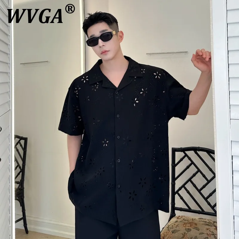 

WVGA Summer New Men Tide Elegant High Street Short Seelve Shirts Hollow Out Niche Design Turn Down Collar Chic Korean Tops W7059