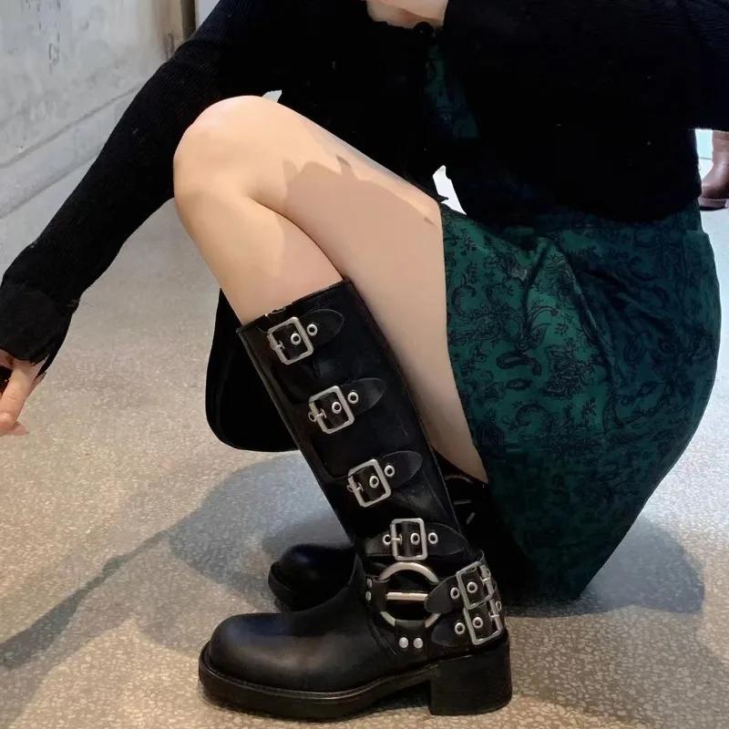 2026 winter new round head women\'s ankle boots leather buckle thick heel thick soled retro western mid-leg Knight ladies boots
