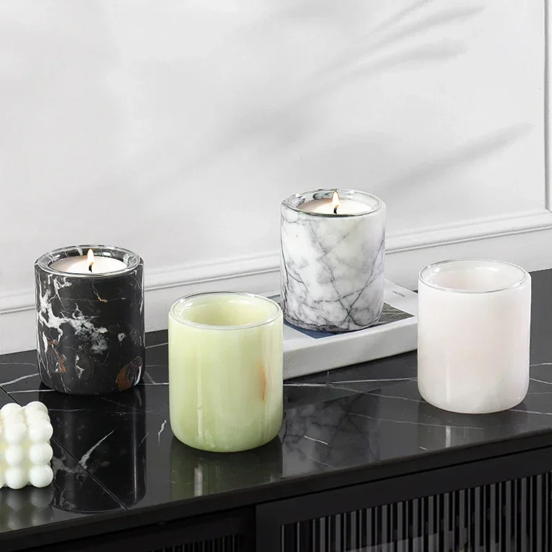 

Luxury Natural Marble Candle Cup With Lid Design Candle Holder Creative Home Desktop Aromatherapy Candle Jar Decoration Ornament