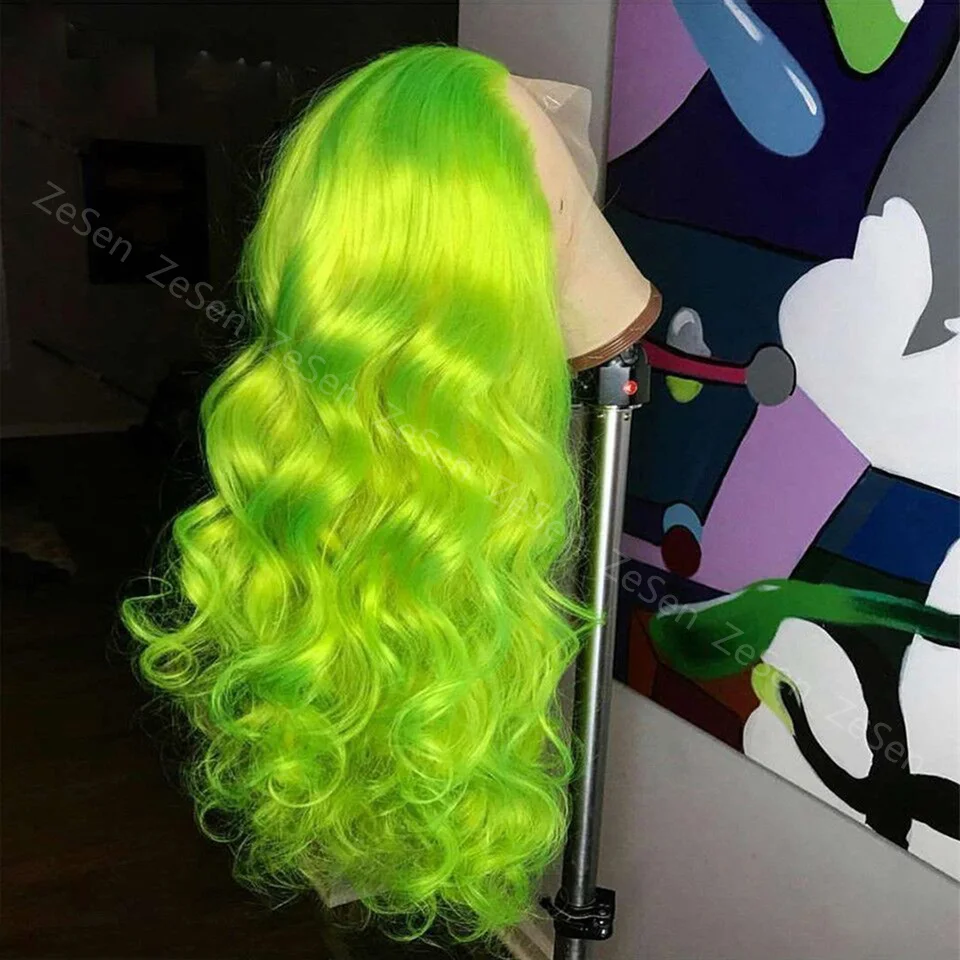 Vrouwen Lange Golf Lace Front Pruik Haar Synthetische Natuurlijke Cosplay Party Neon Groen Hittebestendige Dagelijks Natuurlijke Haarlijn Pruiken