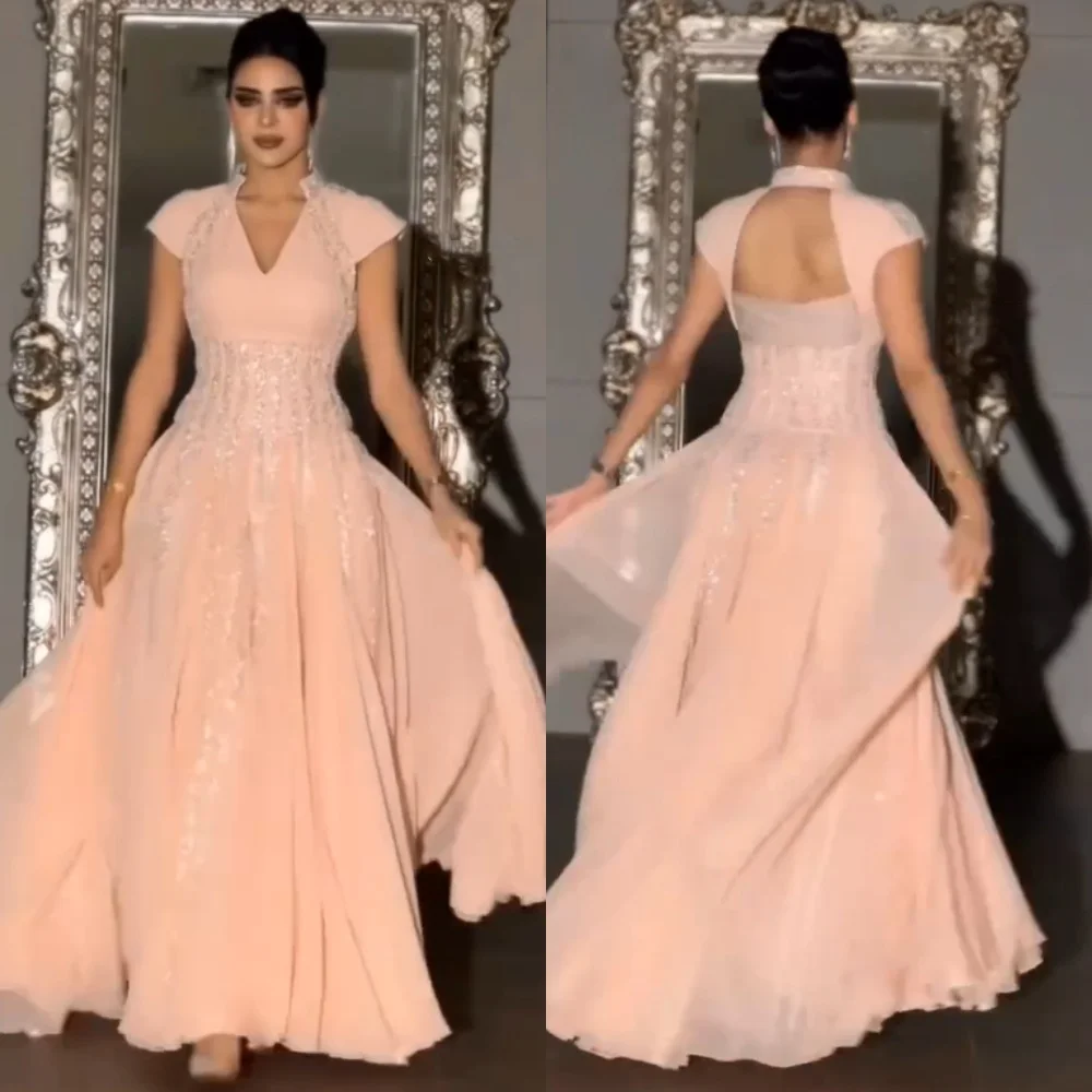 

Customized Pastrol Chiffon Sequined Pleat A-line V-neck Long Dresses Bespoke Occasion Evening Sparkle Fashion