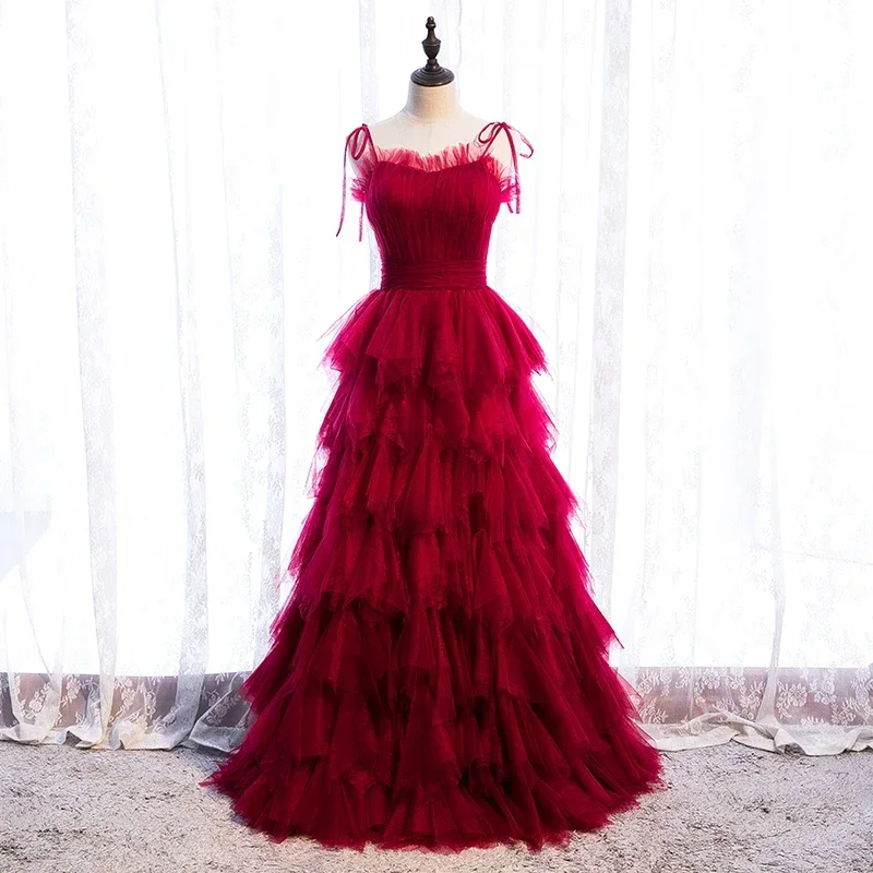 Evening Dress Wine Red Tulle Sgaphetti Straps Zipper Tiered Ruffles A-Line Floor-Length Plus size Party Formal Gown Woman B249