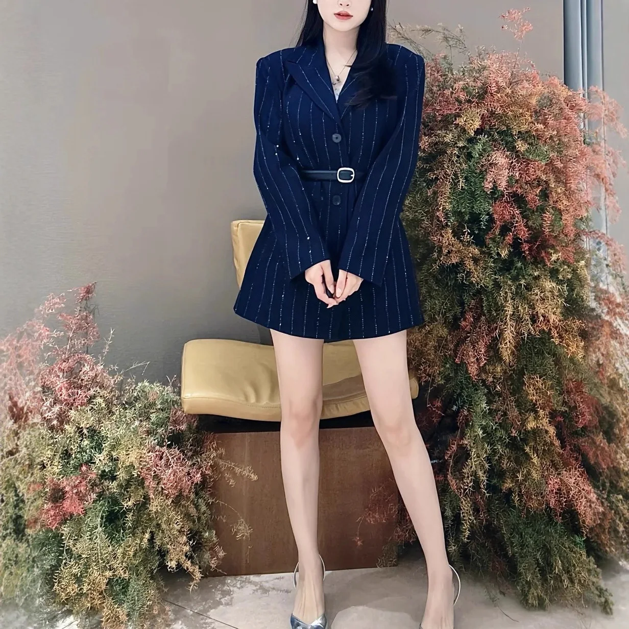 Women's dark blue diamond striped suit jacket with long sleeves, single breasted slim fit, elegant blazer for women
