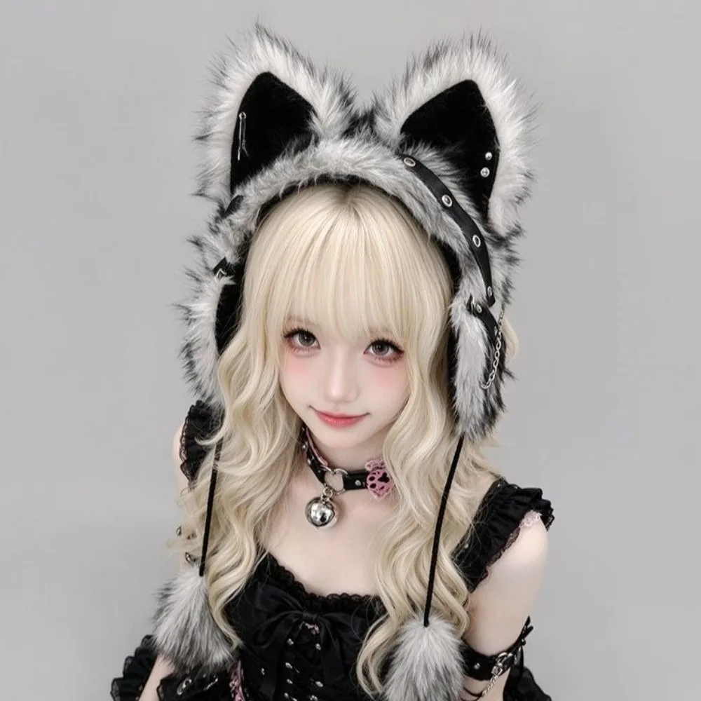 Dark Style Y2K Gothic Cat Ear Earmuffs Cosplay Wind-proof Fluffy Earmuffs Headwear Thick Warm Faux Fur Ear Flaps Women