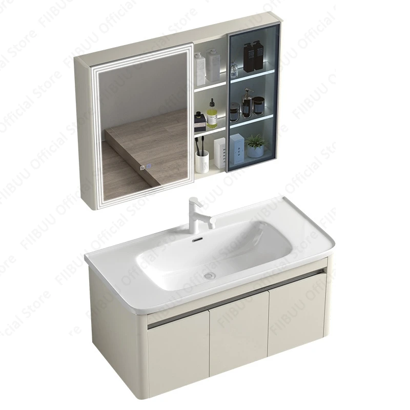 Modern Bathroom Vanities Cabinet with Integrated Ceramic Wash Sink Basin Combo Wall Mounted Floating Mirror Cabinet Faucet Drain
