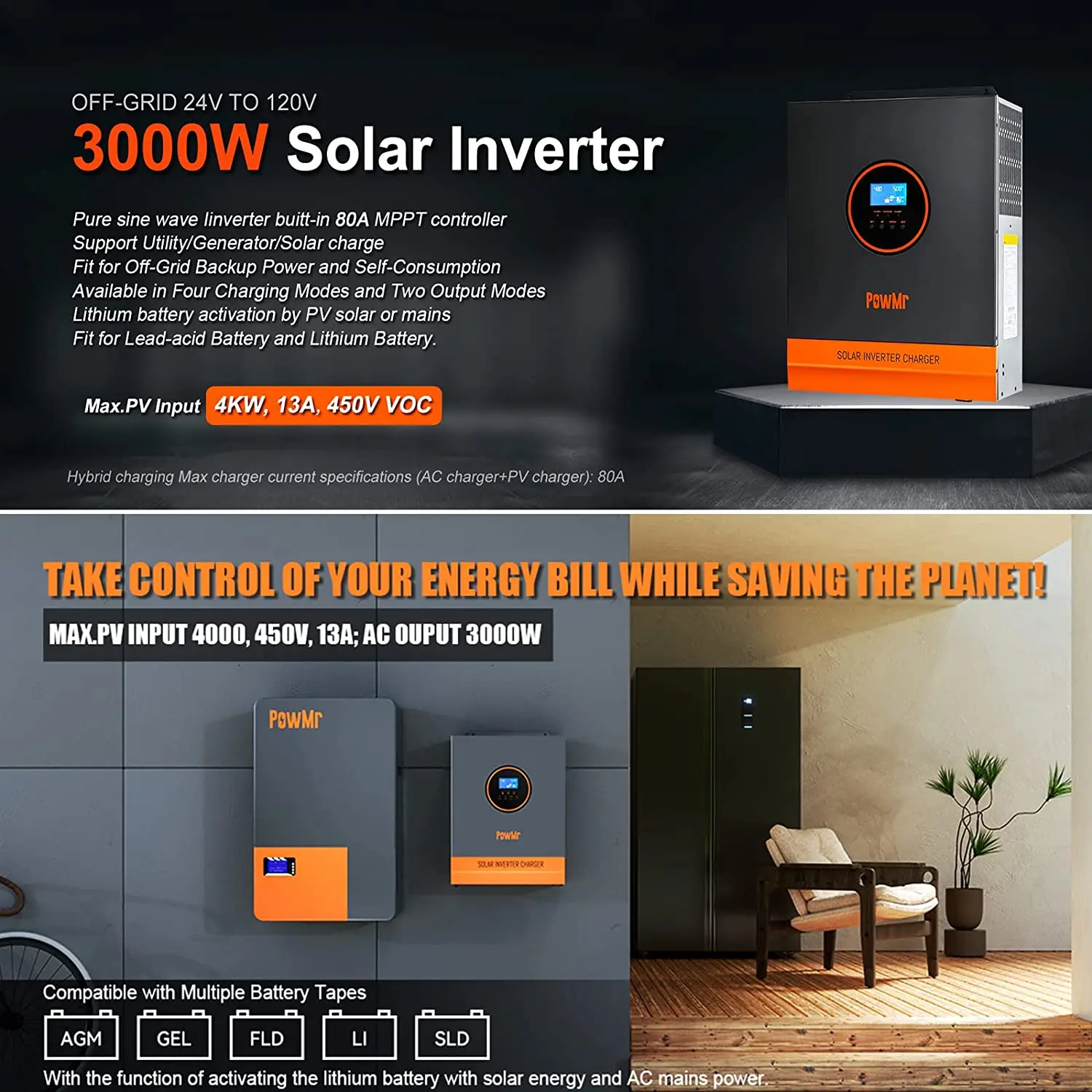 PowMr 5000W 3000W Hybrid Power Inverter DC 24V 48V To 110V/120V AC with 80A MPPT Solar Charger Pure Sine Wave Solar Home System