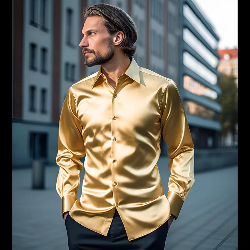 Spring and Autumn New Men's Shirt Solid Color Satin Nightclub Long Sleeve Shirt C30 Shirt for Men  Clothing