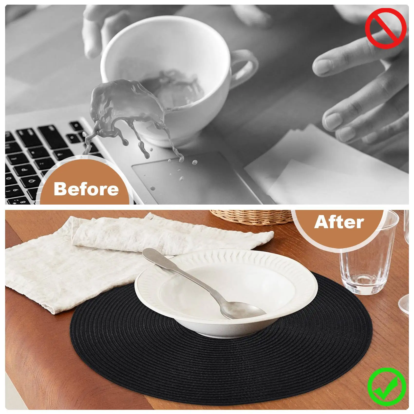 

Round Braided Placemats Set Of 6 Table Mats For Dining Tables Woven Washable Non-Slip Place Mats 15 Inch Halloween Black-A21R