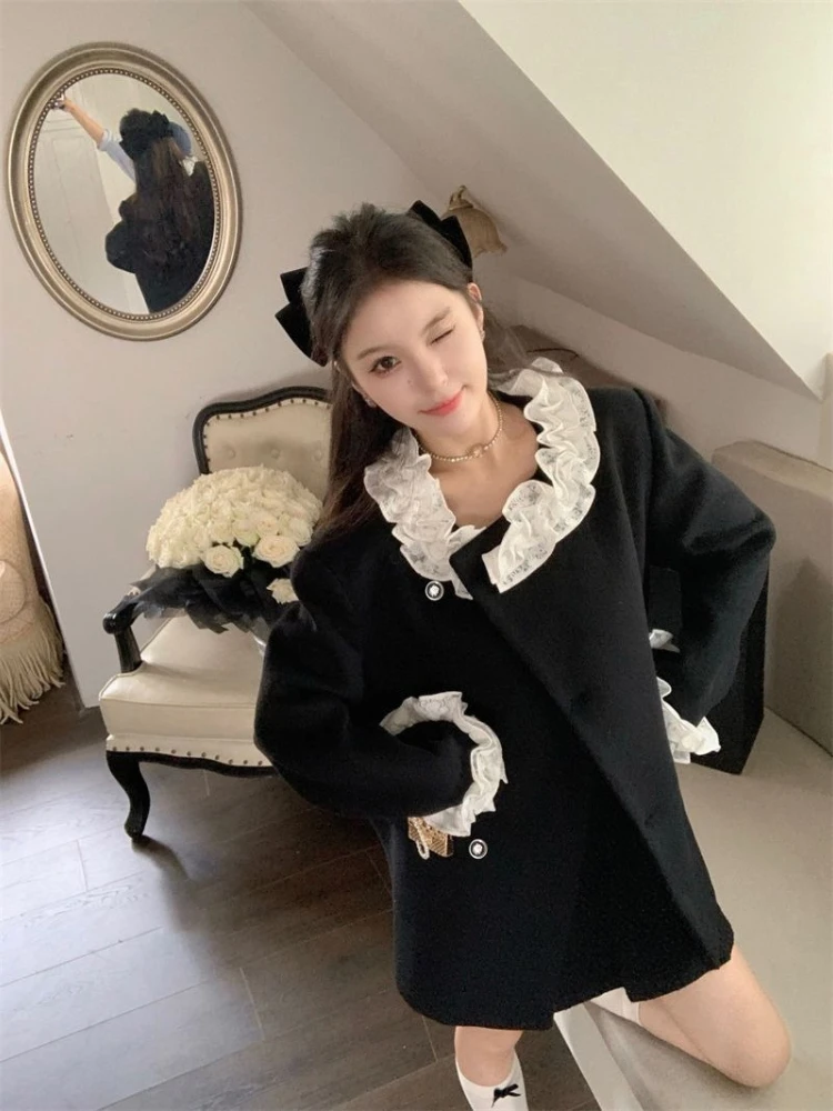 

Шикарная шерстяная куртка с контрастной кружевной отделкой для женщин, мягкое теплое зимнее пальто, новая модная твидовая верхняя одежда