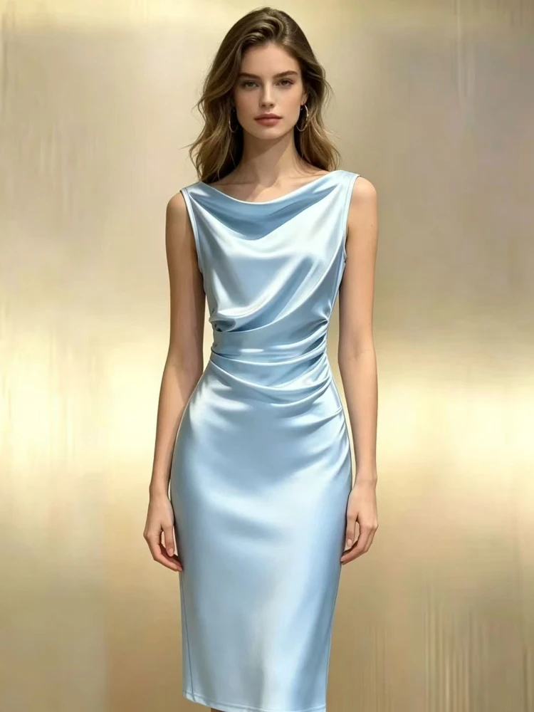 Damen-Plissee-Kleid, ärmellos, figurbetont, im französischen Stil, elegant und modisch, mittellang. – Detail 2