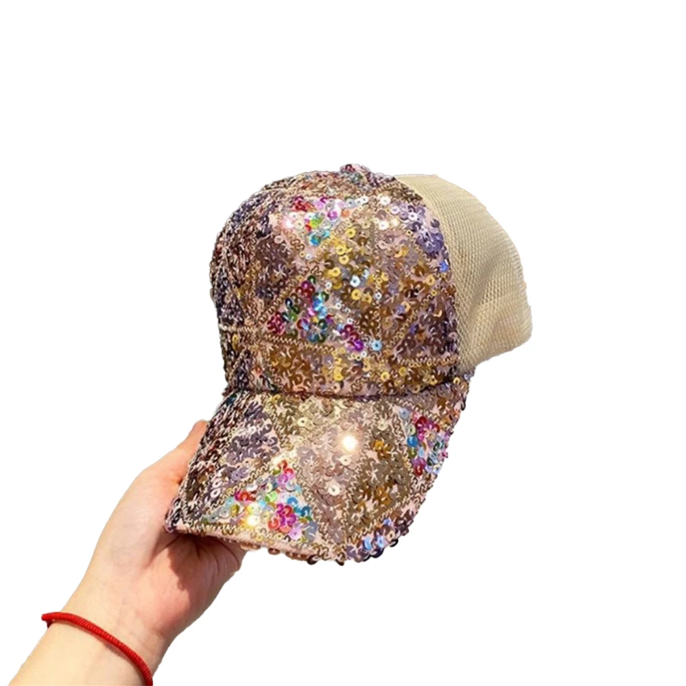 Fashion New Baseball Hat Sparkly One Size Unisex Adjustable All Seasons Bling Breathable Cap Mesh Ponytail Rhinestone