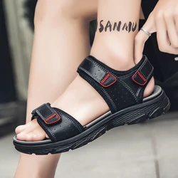 Summer New Men's Leather Sandals Lightweight and Comfortable Velcro Beach Shoes Retro Extra Large Outdoor Leisure Sports Sandals