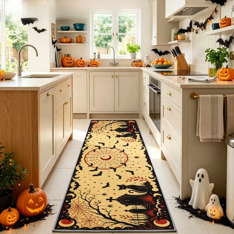 Vintage Bat Spider‑web Tombstone Print Runner Rug,Soft Wear‑resistant Household Floor Mat,Gothic Halloween‑themed Decor Carpet