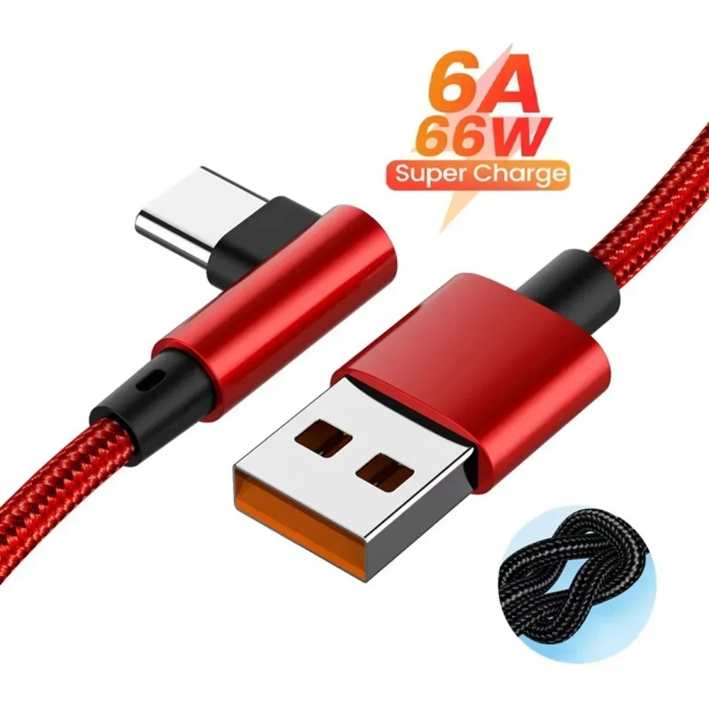 66W Type-C Fast Charging Data Cable USB 90 Degree Elbow Nylon Braided Wire Quick Charge Cord For Oneplus Xiaomi Samsung Realme