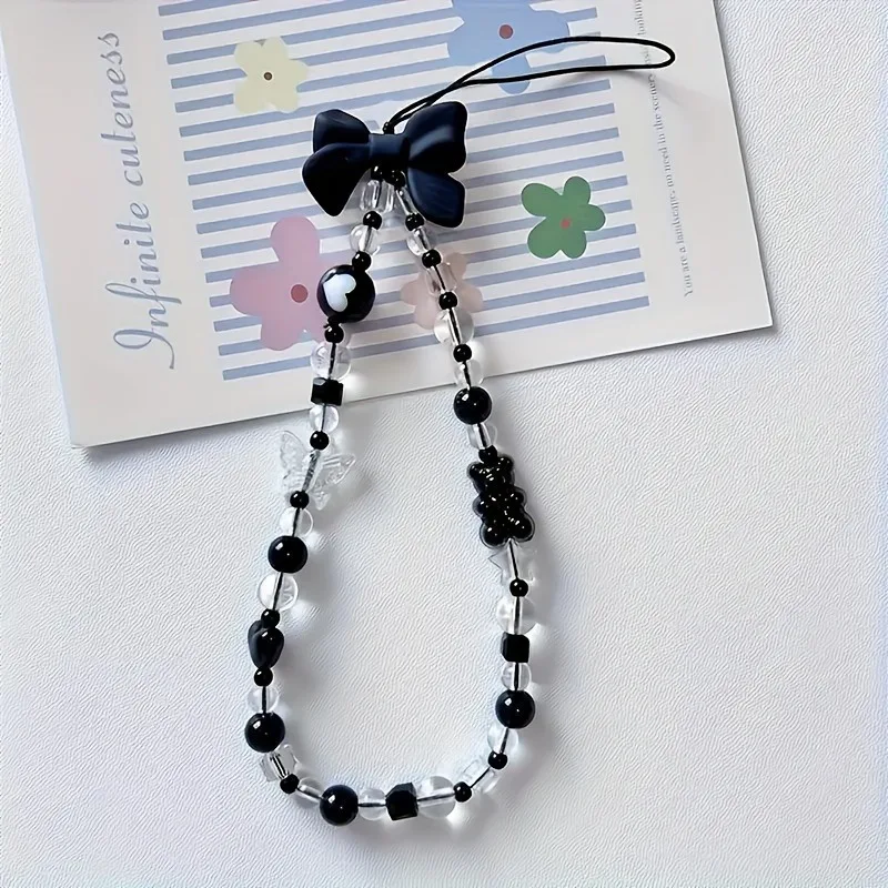 Korean Cute Black Bowknot Bear Phone Strap Charm Chain Knot Cellphone Lanyard Keychain Woman Girl Bag Camera Pendant For Case