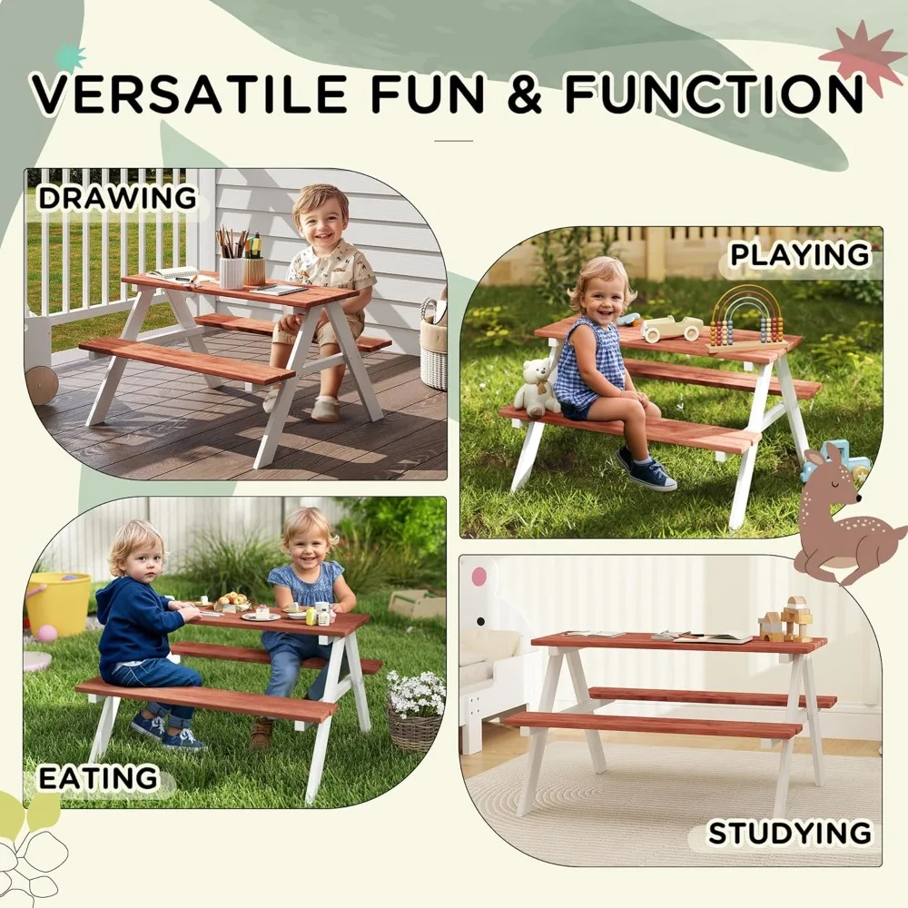 مجموعة طاولة نزهة للأطفال، أثاث خارجي خشبي للأعمار من 3 إلى 8 سنوات، ألعاب لعب في الفناء الخلفي للحديقة