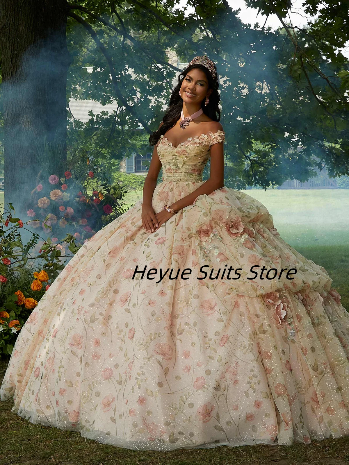 

Customized Printed Chiffon Gown Quinceanera Dresse Crystal Bead Waterfall Skirt Off shoulder Bra Gown vestidosde 15 quinceañeras
