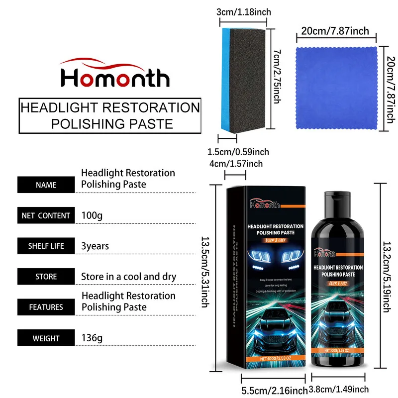 معجون إصلاح العناية بالصباح الأمامي، إزالة غبار السيارات، تنظيف اشراق، مضاد للتصفر، تلميع، تجديد المصابيح الأمامية الباهتة