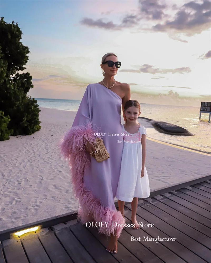 OLOEY Luxury Feathers Straight Lavender Crepe Evening Dresses Dubai Arabic Women Party Formal Gowns Lilac Elegant Prom Dress