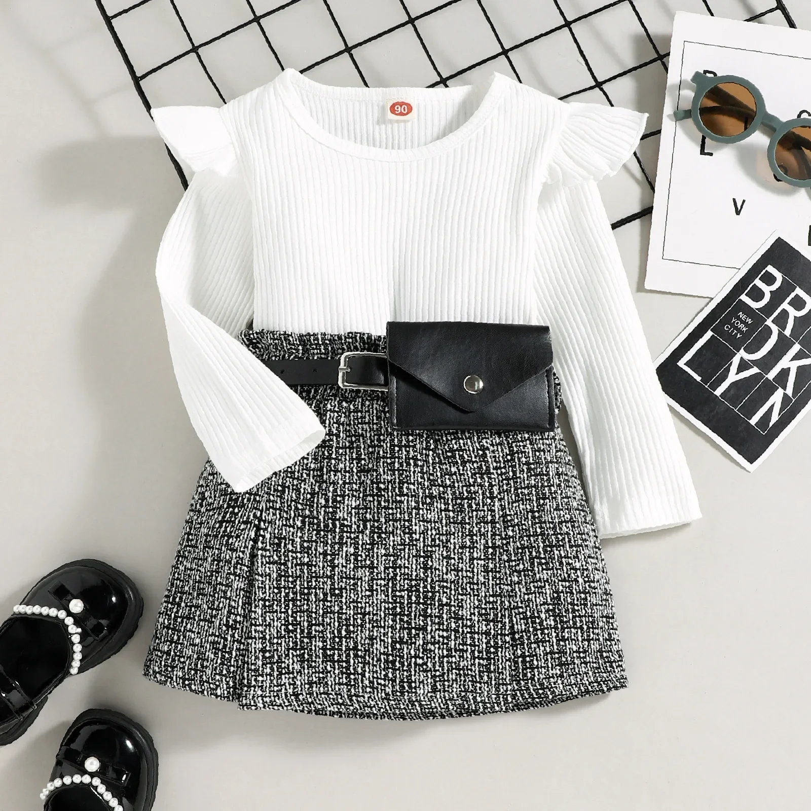 New 12M-5T Clothing Stylish Baby Girls' Autumn And Winter Cotton Pit Long Sleeve Top+ Purse+Word Skirt Suit 3Piece Girl Clothes