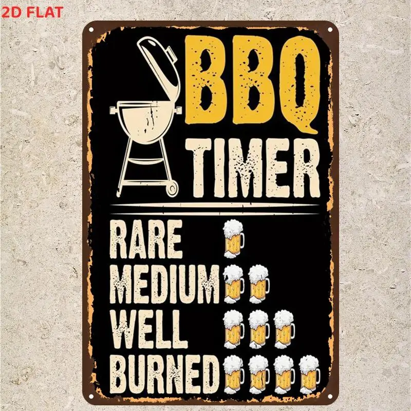 2D Flaches 1-teiliges Retro-BBQ-Timer-Grill-Leitbild aus Metall, Vintage-Dekoratives Metallschild, Wandkunst-Poster für Zuhause, Büro, Badezimmer