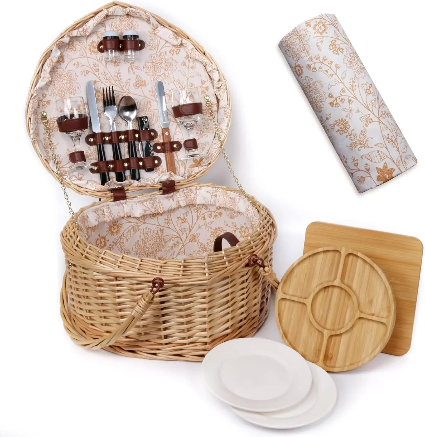 Heart Wicker Picnic Basket for 2 Person Set with Blanket & Bamboo Plate & Cheese Board, Couples Gifts, Wedding Gifts,