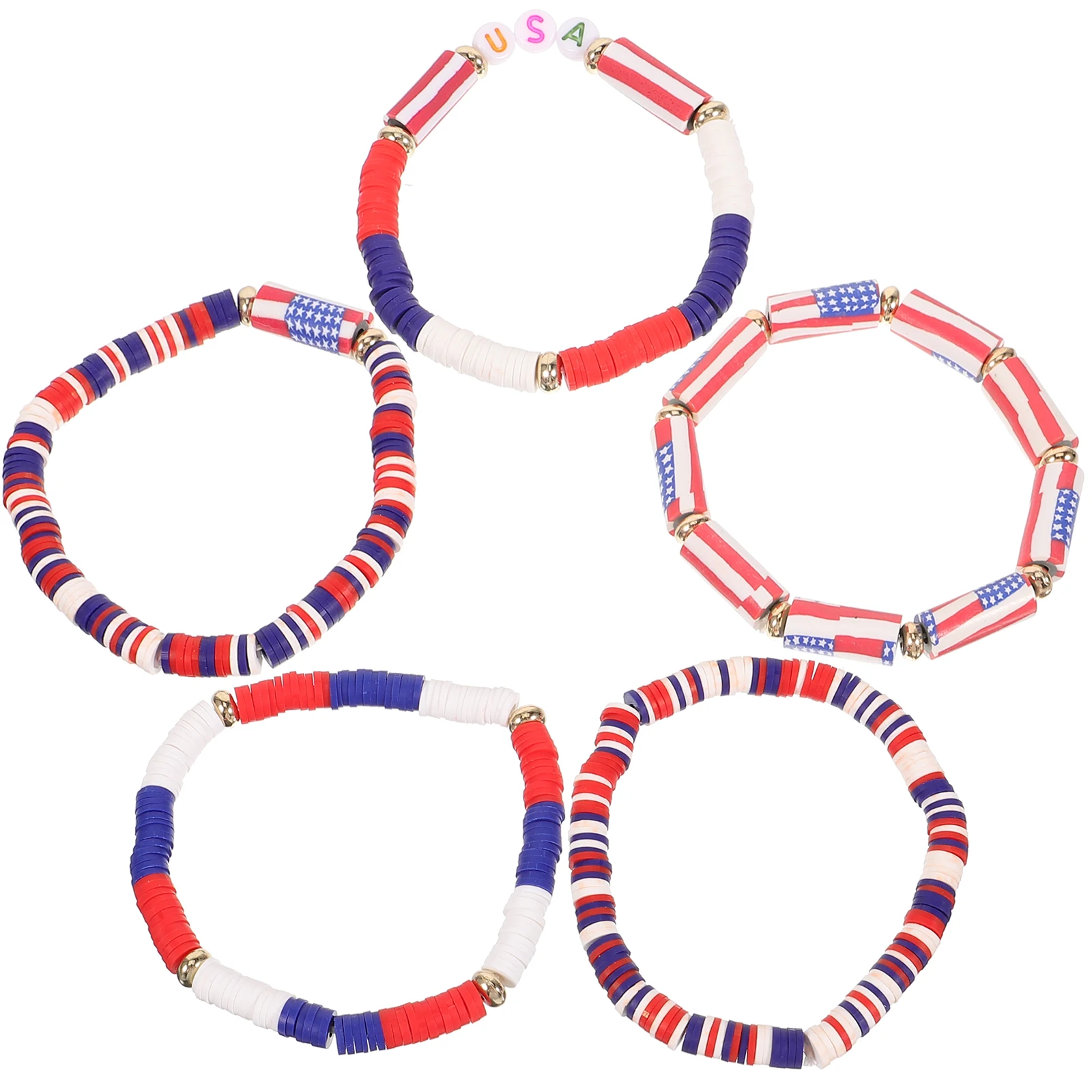 5 Buah Gelang Bendera Set Manik Merah Putih Biru Gelang Perhiasan Dapat Ditumpuk Elastis Pesta Hari Kemerdekaan Wanita untuk Hadiah Wanita