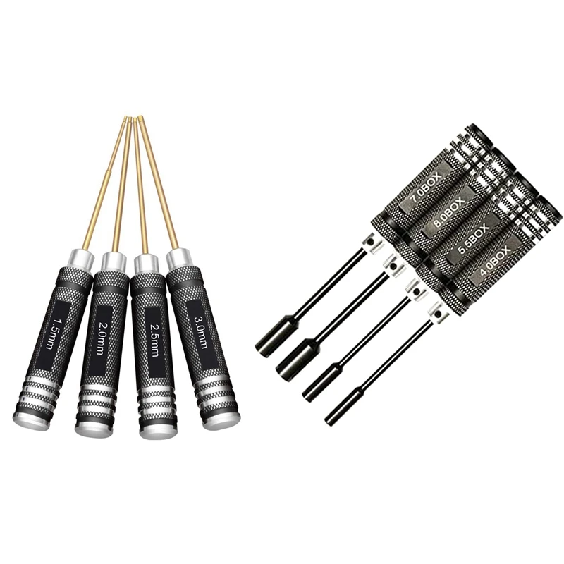 4 Pcs 1.5 / 2.0 / 2.5 / 3.0 Mm Hex Screwdriver Set With 4Pcs Hex Nut Drivers Screw Driver Tools Kit Set