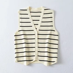 Maxdutti 2023 Summer Women Knitted Vest Striped Single Fashion Breasted Tank Tops