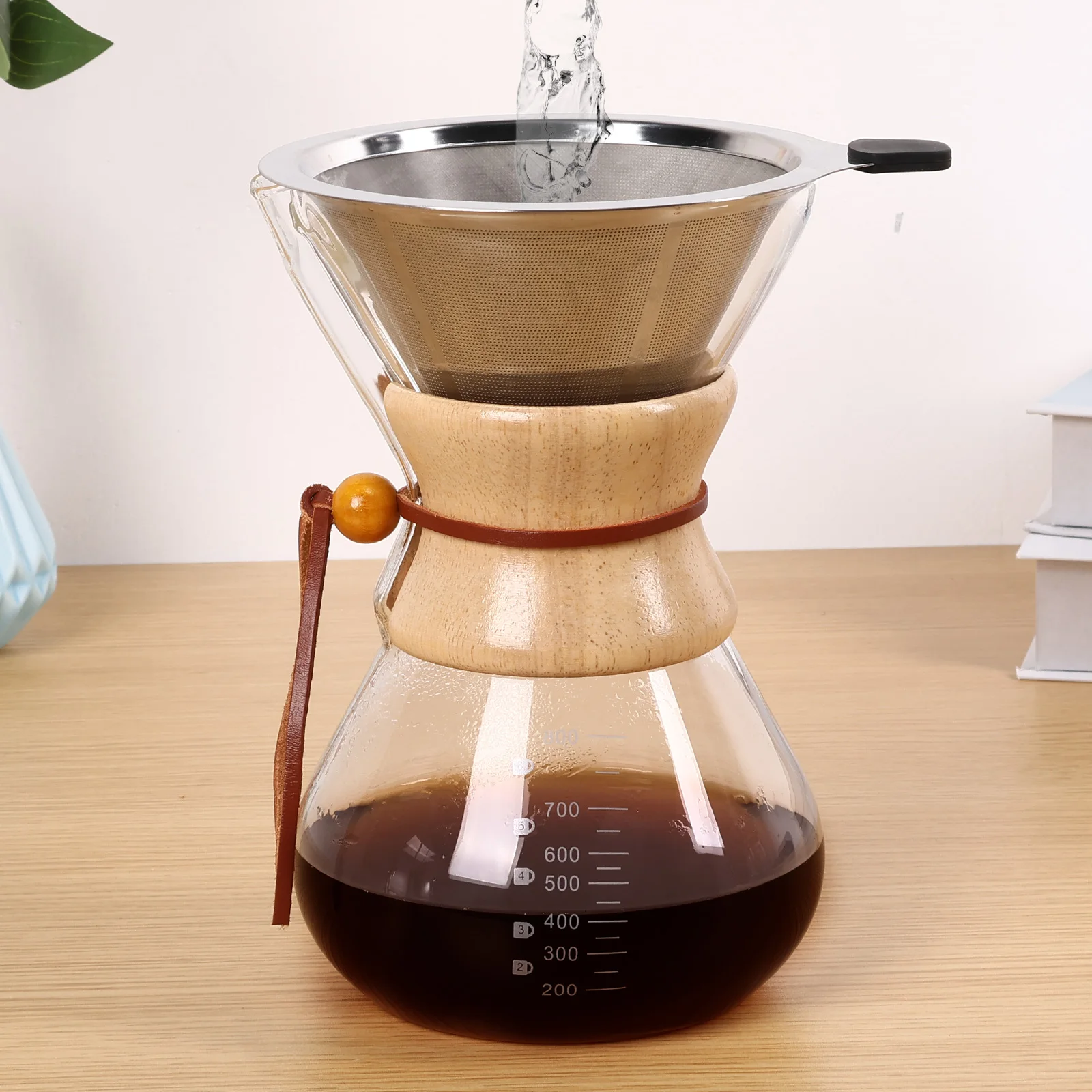 Pour Over Coffee Maker with Double Layer Stainless Steel Filter 28oz Coffee Carafe with Wooden Collar Hold 4-6 Cups Glass Coffee