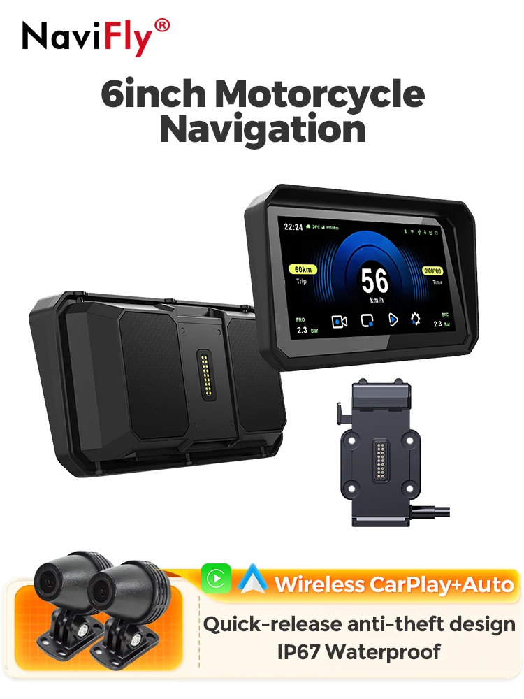 MEKEDE 6 Zoll Motorrad-Linux-Navigationssystem HD-Touchscreen 1000 NIT IP67 Wasserdicht Schnellverschluss Diebstahlschutz-Design Dual-Band WLAN Kabelloses CarPlay Android Auto Optional