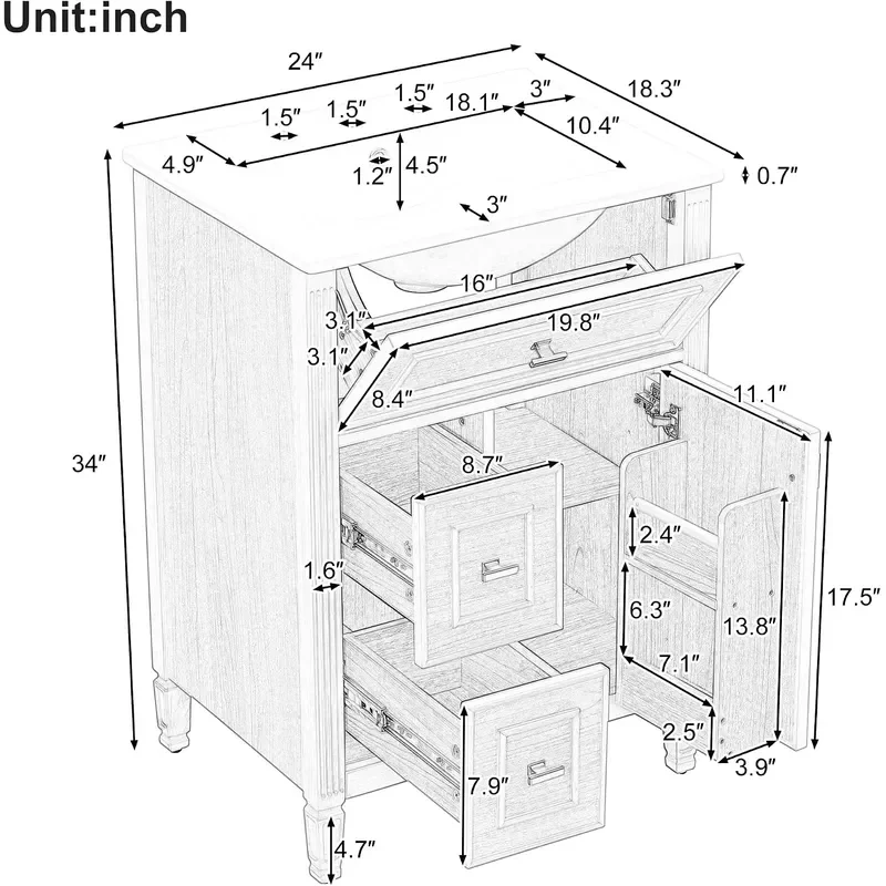 24 Modern Bathroom Vanity with Ceramic Sink Solid Wood Frame Freestanding Storage Cabinet w 2 Drawers Tilt Out Dra