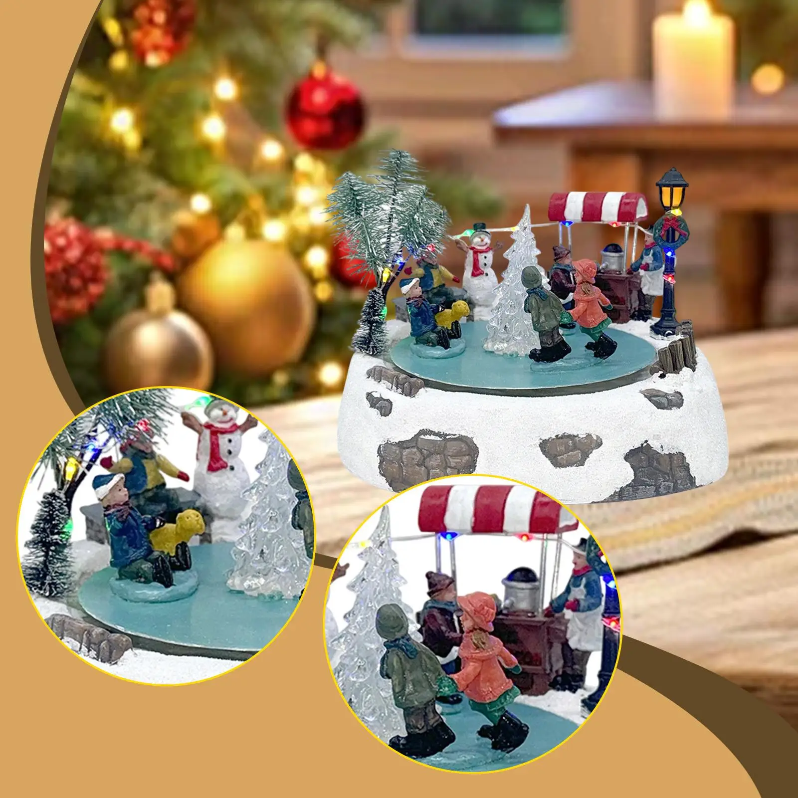 Animated Christmas Village Skating Pond Desktop Collection Resin Musical Box