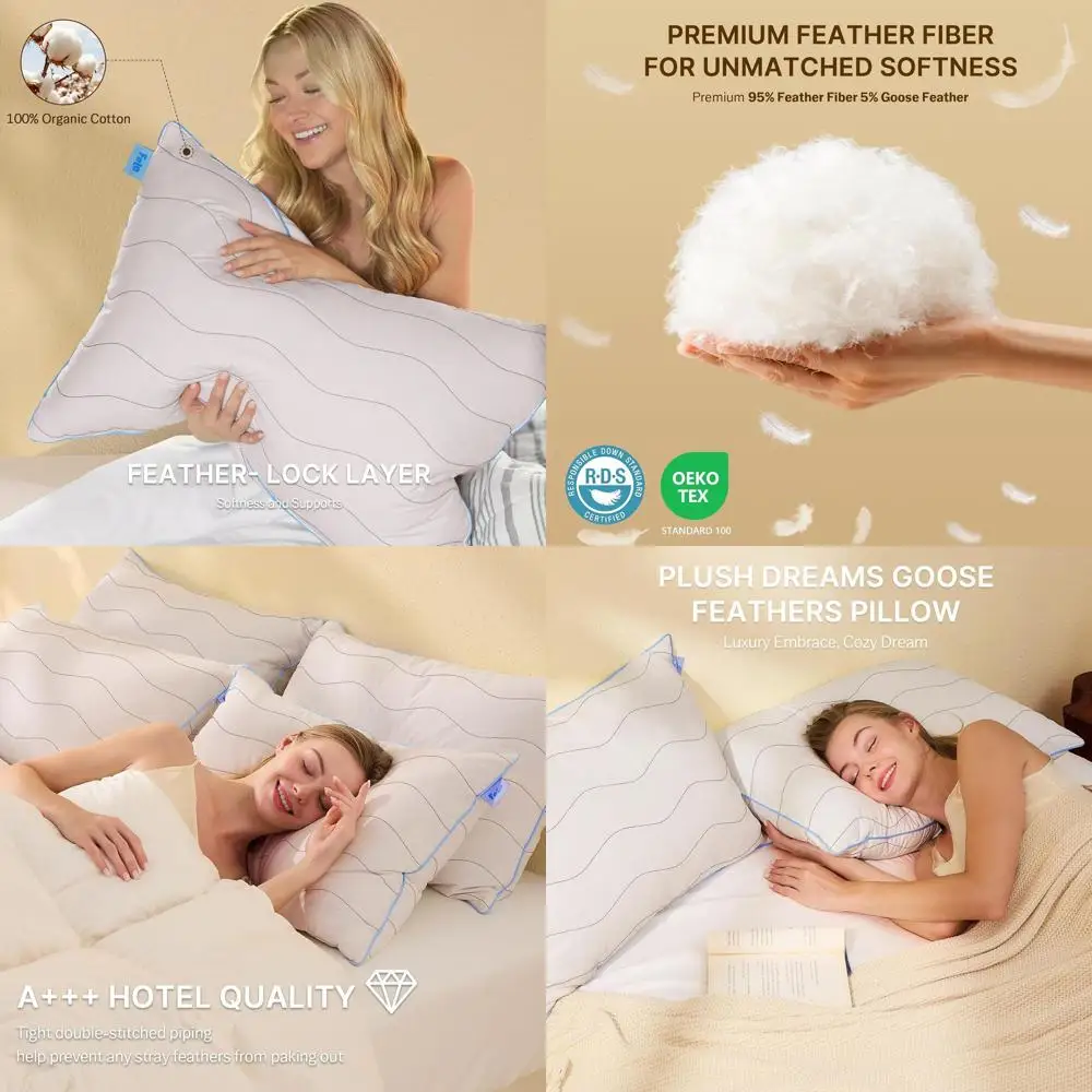 

Queen Size Goose Down Pillow Set, CloudFusion Luxury Pillows for Side/Back Sleepers, 100% Organic Cotton, 20x30