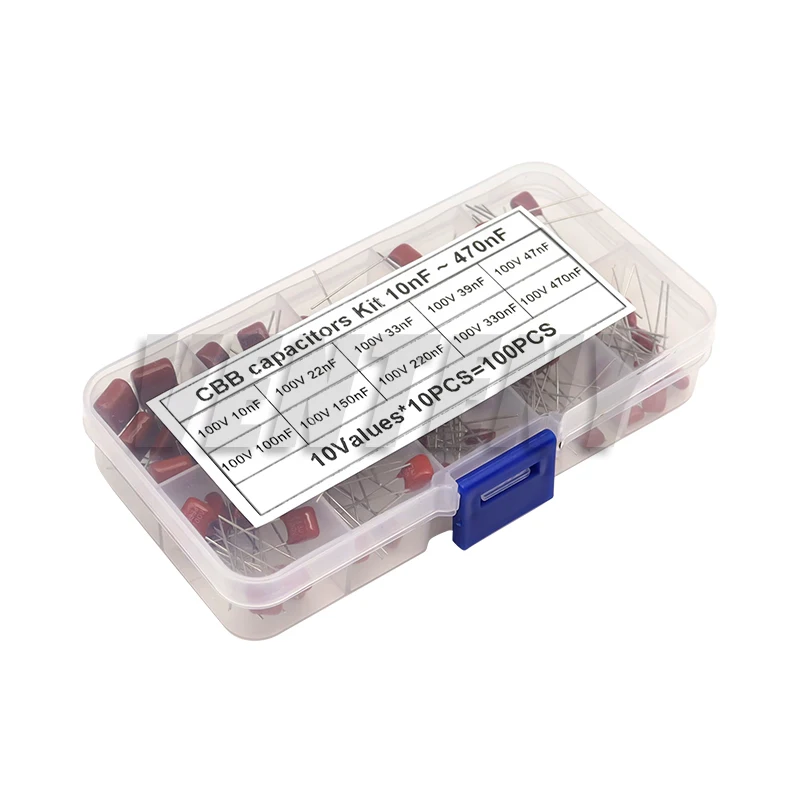 100PCS 100V 10values*10pcs 10nF-0.47UF 470nF Metallized Polyester Film Capacitor Assortment Kit CBB Capacitance Set