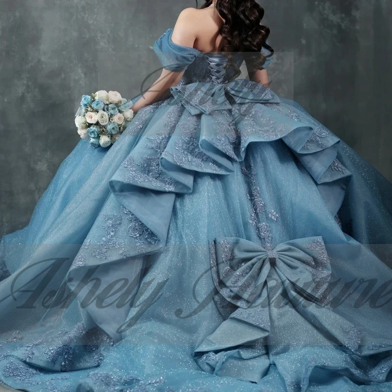 Dostosowane High End Mexico Women Birthday Party Dress Prom Occasion Wear Lace Applique Bow Puffy Skirt Sweet 15 16 Quinceanera