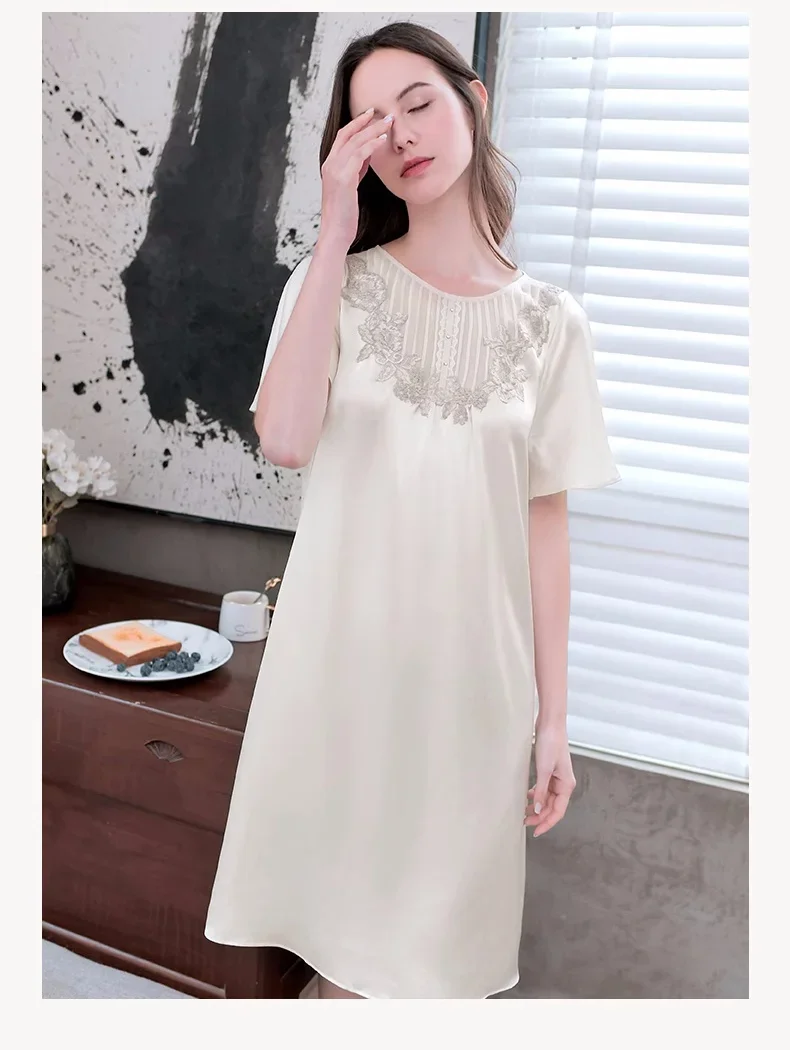 100% Mulberry Silk Short Sleeve Nightgowns Women Loose Elegant Nightdress Nightwear Room Wear One Piece Ladies Summer Sleepwear