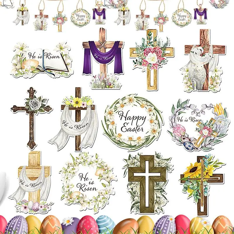 Religious Easter Decor For Tree 24X Happy Easter Wooden Hangable Signs Wooden He Rises Ornaments Spring Holiday Christian