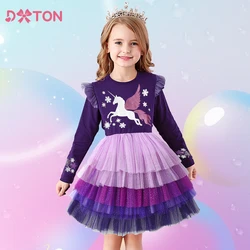 DXTON Winter Long Sleeve Girls Dress Unicorn Cotton Children Clothing Birthday Party Prom Kids Dress Layered Princess Tutu Dress