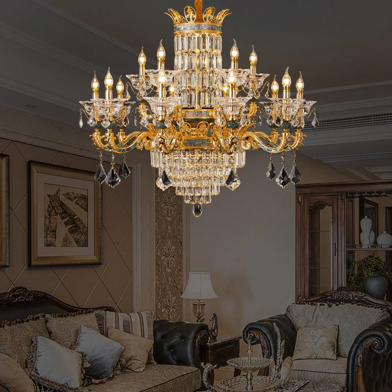 French Luxury Villa Living Room Staircase Crystal Big Chandelier European High-End Hotel Lobby Brass Pendant Light