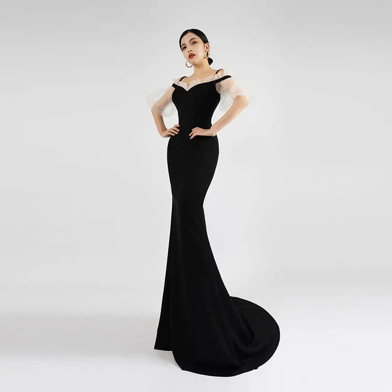 

Baisha Black Gala Dress For Women Fashion Elegant Long Mermaid Gown Gauze Sleeve For Special Occasions Prom Party Clothing H1134