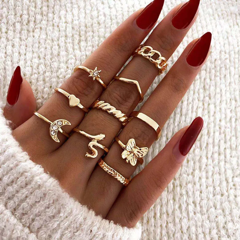 European and American cross-border new chain ring creative retro diamond-encrusted crescent butterfly love 10-piece combination