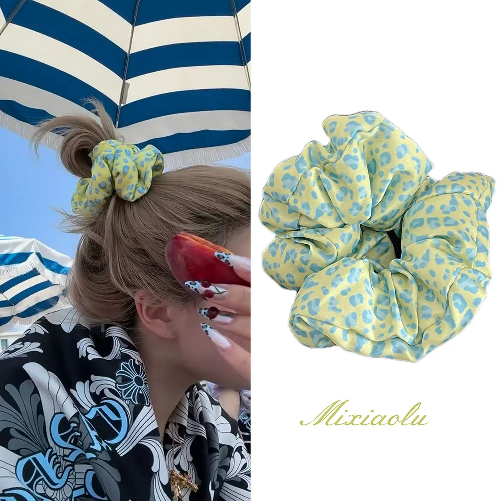1PC Chouchou en satin éponge imprimé léopard vert américain, élastique sans dommage, accessoires capillaires de vacances pour femmes
