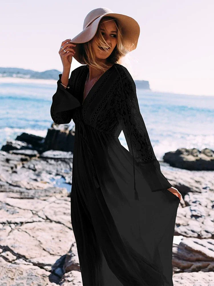 Nuevo Bikini con cuello en V profundo para mujer, pareo para la playa, encaje empalmado, manga larga, con cordones, moda de verano, vestido femenino, ropa de playa